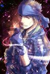  1boy badrach bandana blue_gloves blue_headwear brown_hair cigarette gloves harushino looking_at_viewer male_focus short_hair smoking solo_focus valkyrie_profile 