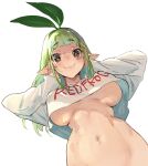  1girl blush bottomless breasts bright_pupils clothes_writing copyright_request eyebrows_visible_through_hair green_hair hairband hands_up highres leaf leaf_on_head long_hair looking_at_viewer navel nonco out-of-frame_censoring pointy_ears red_eyes shirt simple_background smile solo underboob upper_body white_background white_pupils white_shirt wide-eyed 