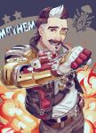  1boy apex_legends belt black_belt black_jacket brown_belt brown_eyes brown_hair clenched_hand explosion explosive facial_hair fuse_(apex_legends) grenade highres jacket looking_at_viewer mechanical_arms multicolored_hair mustache nashigawa one_eye_covered open_mouth scar scar_across_eye science_fiction single_mechanical_arm skull_and_crossbones solo soul_patch white_hair 