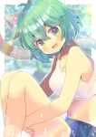  1girl :d animal_ear_fluff animal_ears bangs bare_arms bare_shoulders blue_shorts blush borrowed_character breasts cat_ears cat_girl cat_tail cleavage collarbone commentary_request crop_top eyebrows_visible_through_hair fang green_eyes green_hair hair_between_eyes knees_up kouu_hiyoyo leg_hug looking_at_viewer medium_breasts midriff navel open_mouth original short_shorts shorts smile solo tail tail_raised tank_top white_tank_top 