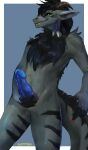  anthro black_sclera blue_penis chest_tuft dragon fur furred_dragon genitals grey_body hi_res male penis presenting presenting_penis ratatooey signature smile solo teeth_showing titan_southclaw tuft 