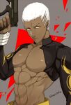 1boy 2f_sq bare_pecs closed_mouth cornrows dark_skin dark_skinned_male emiya_alter fate/grand_order fate_(series) grey_background gun holding holding_gun holding_weapon looking_at_viewer male_focus muscular shrug_(clothing) solo twitter_username upper_body weapon white_hair yellow_eyes 
