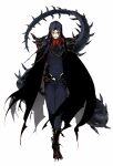  1boy aiguillette alternate_costume armor black_bodysuit black_cape black_gloves blue_hair bodysuit cape crimo cu_chulainn_(fate)_(all) cu_chulainn_alter_(fate/grand_order) earrings facial_mark fate/grand_order fate_(series) full_body gloves grin hair_over_shoulder hair_strand highres hood jewelry long_hair looking_at_viewer male_focus monster_boy pauldrons red_eyes sharp_teeth shoulder_armor simple_background smile solo spiked_tail spikes standing tail tattoo teeth white_background 