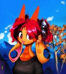  anthro awr_hey blep breasts clothing detailed_background digital_media_(artwork) dragon female hair headshot_portrait hi_res horn looking_at_viewer portrait red_hair solo tongue tongue_out topwear wings yellow_body zoe_(awr_hey) 