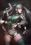  1girl breasts drifters glasses gloves green_ribbon hair_between_eyes hair_ribbon large_breasts long_hair long_sleeves looking_to_the_side olmine ribbon scalpelarts serious shorts silver_hair thighhighs twintails very_long_hair white_shorts zettai_ryouiki 