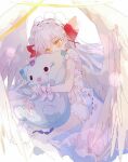  1girl angel_wings blush feathered_wings hair_ornament hair_ribbon halo headdress hibi89 holding holding_stuffed_toy long_hair merc_storia michelia_(merc_storia) red_ribbon ribbon short_shorts shorts solo stuffed_animal stuffed_toy white_background white_hair white_headwear white_shorts wings wrist_cuffs x_hair_ornament yellow_eyes 