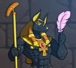  anubian_jackal anubis canid canine canis clothing deity egyptian_clothing egyptian_headdress egyptian_mythology headgear headwear holding_object jackal jewelry king looking_at_viewer lucidartdvc male mammal middle_eastern_mythology mostly_nude muscular muscular_male mythology royalty simple_background smile solo 