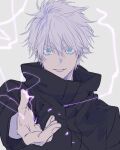  1boy bangs black_jacket blue_eyes electricity gojou_satoru hair_between_eyes hand_up high_collar highres jacket jujutsu_kaisen long_sleeves looking_at_viewer magic male_focus open_hand short_hair simple_background sketch smile solo tofu_(bean359) upper_body white_background white_hair 