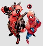  2boys abs bodysuit crossed_arms deadpool from_above gloves katana looking_up male_focus marvel mask multiple_boys muscular muscular_male nashigawa red_gloves sheath sheathed spider-man spider-man_(series) superhero sword weapon weapon_on_back white_eyes 