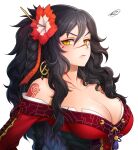  1girl arienne_(knights) bags_under_eyes black_hair breasts cleavage commission commissioner_upload earrings flower hair_between_eyes hair_ornament hair_ribbon hibiscus highres jewelry large_breasts long_hair looking_at_viewer messy_hair off_shoulder original ribbon runshin side_ponytail solo tattoo upper_body yellow_eyes 