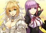  2f_sq 2girls :o bb_(fate) bb_(fate)_(all) blonde_hair bow breasts chain cleavage closed_mouth fate/grand_order fate_(series) gloves green_eyes hair_bow hair_intakes large_breasts lock long_hair looking_at_viewer multiple_girls nero_claudius_(bride)_(fate) nero_claudius_(fate)_(all) open_mouth padlock pointing pointing_at_viewer popped_collar purple_eyes purple_hair red_bow short_hair simple_background smile twitter_username upper_body veil white_gloves yellow_background 