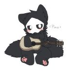  1:1 ambiguous_gender anthro black_body black_fur blush canid canine canis changed_(video_game) chano fur guitar looking_at_viewer mammal musical_instrument name_tag pawpads paws playing_guitar playing_music plucked_string_instrument puro_(changed) simple_background sitting solo string_instrument white_background wolf 
