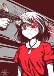  1girl 1other absurdres blood buttons closed_mouth collared_shirt cropped_torso death expressionless finger_on_trigger firing gun handgun highres looking_away medium_hair murder original pistol red_eyes red_shirt senpaihawkkun shirt short_sleeves signature tagme upper_body weapon 