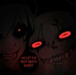  2girls close-up demon_girl drooling english_text face fangs glowing glowing_eyes hair_between_eyes looking_at_viewer multiple_girls nyantcha open_mouth original red_eyes scar scar_on_face shared_speech_bubble short_hair siblings sisters speech_bubble white_hair 