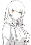  1girl bangs eyebrows_visible_through_hair ff_frbb122 girls_frontline greyscale heterochromia long_hair looking_at_viewer monochrome necktie orange_eyes ro635_(girls_frontline) shirt solo white_background white_hair yellow_eyes 