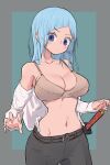  1girl amboynav2 asymmetrical_bangs bangs belt black_pants blue_eyes blush bra breasts brown_belt brown_bra cleavage closed_mouth collarbone commentary cowboy_shot dress_shirt grey_background highres jujutsu_kaisen katana large_breasts light_blue_background light_blue_hair long_hair long_sleeves looking_at_viewer miwa_kasumi navel off_shoulder open_clothes open_shirt pants shirt simple_background solo stomach straight_hair sweatdrop sword two-tone_background underwear weapon white_shirt 