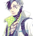  1boy apex_legends backpack bag black_eyes black_hair collarbone crypto_(apex_legends) cyborg expressionless jacket jewelry looking_at_viewer looking_down male_focus nashigawa necklace parted_hair science_fiction solo undercut white_background white_jacket 