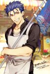  1boy 2f_sq apron black_shirt blue_hair collarbone cowboy_shot cu_chulainn_(fate)_(all) earrings fate/stay_night fate_(series) flag grin hair_strand jewelry lancer long_hair looking_at_viewer male_focus ponytail red_eyes shirt smile solo twitter_username white_apron 