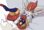  ambiguous_gender anthro bed blush cinderace covering covering_self furniture hi_res looking_at_viewer lying nintendo on_back paws pok&eacute;mon pok&eacute;mon_(species) solo video_games yatok7 