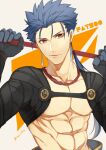  1boy 2f_sq abs bare_pecs black_gloves blue_hair copyright_name cosplay cu_chulainn_(fate)_(all) fate/grand_order fate_(series) gae_bolg_(fate) gloves hair_strand lancer long_hair looking_at_viewer male_focus muscular ponytail red_eyes solo twitter_username upper_body yan_qing_(fate) yan_qing_(fate)_(cosplay) 