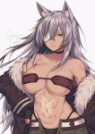  1girl abs animal_ear_fluff animal_ears bangs bare_shoulders belt black_choker black_gloves black_panties black_sleeves breasts brown_eyes character_name choker cleavage closed_mouth collarbone commentary_request cowboy_shot crossed_bangs dark_skin dark_skinned_female eyepatch fingerless_gloves fur-trimmed_jacket fur_trim ghislaine_dedoldia gloves green_pants grey_hair groin hair_between_eyes hand_on_hip highleg highleg_panties highres jacket large_breasts long_hair long_sleeves looking_at_viewer midriff mushoku_tensei navel off_shoulder one-eyed open_belt open_pants panties pants scar scar_on_cheek scar_on_face scar_on_stomach sidelocks silver_hair simple_background smile solo sorai_shin&#039;ya standing unbuttoned underboob underwear white_background 