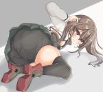  1girl ass bike_shorts black_legwear bob_cut brown_eyes brown_hair commentary_request from_behind grey_skirt headband headgear highres inverted_bob kantai_collection kasashi_(kasasi008) looking_at_viewer panties_under_shorts short_hair shorts shorts_under_skirt skirt solo taihou_(kancolle) thighhighs 