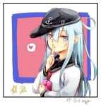  1girl anchor_symbol artist_name black_headwear black_sailor_collar blue_eyes commentary_request finger_to_mouth flat_cap gift gou_(double_trigger) hammer_and_sickle hat hibiki_(kancolle) index_finger_raised kantai_collection long_hair looking_at_viewer neckerchief red_neckwear sailor_collar school_uniform serafuku silver_hair solo twitter_username upper_body 