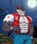  2020 abs activision alternate_form anthro belt better_version_at_source big_muscles bottomwear clock clothed clothing crash_bandicoot_(series) dasyuromorph ear_piercing ear_ring full_moon halloween holidays jacket male mammal marsupial moon muscular muscular_anthro muscular_male nanbuskhan night nipples open_clothing open_jacket open_topwear outside pants pecs piercing smile solo thylacine tiny_tiger topwear video_games watch were 