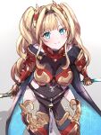  1girl armor bangs blonde_hair blue_eyes blush braid breasts cleavage earrings gauntlets granblue_fantasy hair_ornament hairband jewelry long_hair looking_at_viewer polearm pomupurin red_eyes simple_background smile solo spear twintails weapon zeta_(granblue_fantasy) 