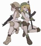  2girls ak-47 ankle_boots assault_rifle back-to-back bandana baseball_cap belt blonde_hair boots breasts brown_eyes brown_footwear brown_hair brown_legwear brown_shorts bubble_blowing chewing_gum combat_boots crop_top fanny_pack fio_germi full_body glasses gloves green_gloves green_legwear gun h&amp;k_mp5 hat highres holding holding_gun holding_weapon kasamoto_eri khakis knee_pads looking_at_viewer low_twintails lunia medium_hair metal_slug midriff military_operator multiple_girls navel one_knee rifle rimless_eyewear round_eyewear shorts small_breasts socks submachine_gun tank_top twintails vest weapon white_background wristband 