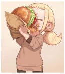  1girl bacon beige_background blonde_hair brown_sweater child closed_eyes commentary eating food food_on_face forehead hamburger ketchup lettuce long_hair long_sleeves low_twintails original oversized_food simple_background solo sweater tomato twintails yu_kozato 