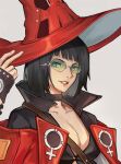  1girl absurdres black_hair breasts choker cleavage fingerless_gloves gloves green_eyes guilty_gear guilty_gear_strive hat highres i-no jacket looking_at_viewer luzzeo00 mole mole_above_mouth red_headwear red_jacket short_hair smile sunglasses venus_symbol witch_hat 