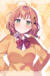  1girl :t absurdres ahoge bangs bow bowtie braid brown_card brown_hair cat_hair_ornament collared_shirt eyebrows_visible_through_hair flower green_eyes hair_between_eyes hair_flower hair_ornament hand_on_hip highres honma_himawari long_hair long_sleeves nijisanji red_bow shirt solo sunflower_hair_ornament tile_background twin_braids virtual_youtuber white_shirt yumesaki_nana 