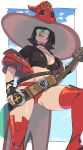  belt black_hair boots breasts cleavage electric_guitar fingerless_gloves gloves guilty_gear guilty_gear_strive guitar hat highres i-no instrument jacket panties red_jacket red_legwear red_lips red_panties short_hair starhump sunglasses thigh_boots thighhighs underwear venus_symbol witch_hat 