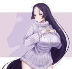  1girl blush breasts fate/grand_order fate_(series) highres keokz large_breasts long_hair looking_at_viewer minamoto_no_raikou_(fate) self_upload simple_background solo sweater turtleneck turtleneck_sweater 