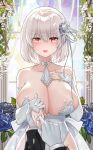  1boy 1girl artist_name azur_lane bangs black_sleeves blue_flower blush breasts bridal_gauntlets cleavage collarbone commander_(azur_lane) crying crying_with_eyes_open dress eyebrows_visible_through_hair flower frilled_ribbon frills gloves hair_between_eyes hair_ornament hairband hand_on_own_chest highres holding_hands huge_breasts impossible_clothes impossible_dress indoors jaeyun jewelry leotard looking_at_viewer medium_hair neck_ribbon open_mouth pov red_eyes ribbon ring sirius_(azur_lane) solo_focus tears wedding_dress wedding_ring white_flower white_gloves white_leotard window 