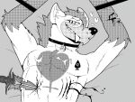  4:3 anthro bdsm bed blood bodily_fluids bondage bound collar cross cum fangs furniture genital_fluids gnull_(character) gore helelos_(artist) hyaenid inverted_cross knife male mammal monochrome queen_of_spades sabertooth_(anatomy) solo stab submissive submissive_male 