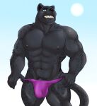  2021 abs anthro barazoku beastsauc3 bulge clothing felid gage_the_panther genitals hi_res looking_at_viewer male mammal muscular muscular_anthro muscular_male navel nipples pantherine pecs penis simple_background smile solo standing thong underwear 