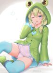  1girl animal_hood arm_support blue_eyes blue_legwear covering_mouth frog_hood green_hair hair_over_shoulder hand_over_own_mouth hand_up hood hood_up kaeru_(sasaame) long_sleeves looking_at_viewer one_eye_closed original parted_lips pink_swimsuit raincoat sasaame solo swimsuit swimsuit_under_clothes symbol_commentary thighhighs twitter_username yawning 