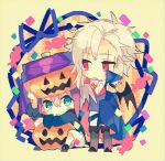  2boys aqua_eyes bat_wings blue_cloak blue_ribbon blue_shirt blush boots candy character_request chibi cloak confetti diagonal_stripes epaulettes food hero_(merc_storia) hibi89 jack-o&#039;-lantern knee_boots long_sleeves looking_at_viewer merc_storia multiple_boys open_mouth pants pink_eyes polka_dot polka_dot_background purple_headwear ribbon scar scar_across_eye shirt short_hair sitting striped striped_background white_hair white_pants wings 