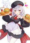  1girl :d apron ascot bangs beret black_dress black_headwear blush braid brat breasts chicken_sandwich colonel_sanders cowboy_shot cropped_legs cup detached_collar disposable_cup dress eyebrows_visible_through_hair fast_food food french_braid fried_chicken furrowed_eyebrows genshin_impact green_eyes hamburger hat highres holding holding_tray kfc long_sleeves looking_at_viewer medium_breasts noelle_(genshin_impact) open_mouth puffy_sleeves red_neckwear short_hair silver_hair simple_background smile soda solo sparkle thumbs_up tray white_apron white_background 