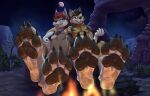  2021 4_toes 5_fingers anthro barefoot blep blockman3_(artist) brown_eyes campfire canid canine canis claws clothing countershade_face countershade_feet countershading dannydumal detailed_background digital_media_(artwork) dirty_feet duo egyptian_clothing eyebrows feet finger_claws fingers fire foot_focus hair jewelry male mammal moon necklace outside pawpads paws raised_eyebrow red_eyes red_hair soles toe_claws toes tongue tongue_out wolf 