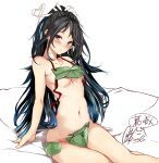  1girl black_hair blue_eyes blush breasts character_name closed_mouth collarbone groin hair_ribbon kantai_collection katsuragi_(kancolle) long_hair navel ribbon rizzl signature simple_background small_breasts solo twitter_username white_background white_ribbon wide_ponytail 