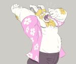  anthro arm_hair asgore_dreemurr belly biceps blonde_hair body_hair bottomwear bovid caprine chest_hair clothed clothing facial_hair flower_shirt gadoran goat hair horn male mammal mustache nipples open_clothing open_mouth open_shirt open_topwear pants pecs shirt solo stretching topwear undertale video_games yawn 