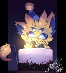  2021 4_eyes ambiguous_gender birthday_hat cake candle dessert fire food fur fusion gingy_k_fox hybrid icing joltik looking_at_viewer multi_eye nintendo pok&eacute;mon pok&eacute;mon_(species) pok&eacute;mon_fusion shaded signature skitty solo video_games yellow_body yellow_fur 
