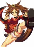  breasts brown_eyes brown_hair china_dress chinese_clothes clenched_hand dress ezsm5857 fighting_stance guilty_gear guilty_gear_xrd impossible_clothes kicking kuradoberi_jam large_breasts long_hair long_sleeves looking_at_viewer panties red_dress striped striped_panties tied_hair underwear very_long_hair 