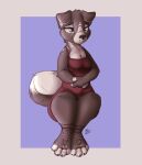  2020 4_toes anthro breasts canid canine canis clothed clothing dipstick_tail domestic_dog feet female fingers floppy_ears fur head_tuft hi_res louart mammal multicolored_tail neck_tuft purple_background signature simple_background sitting smile solo toes tuft white_body white_fur 