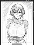 1girl black_beat blush copyright_request crossed_arms hair_between_eyes highres looking_at_viewer monochrome short_hair sketch sweat sweater turtleneck turtleneck_sweater upper_body 