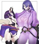 2girls absurdres arm_guards armor bangs black_gloves bob_cut bodysuit breasts curvy eyeliner fate/grand_order fate_(series) gloves highres horn_grab horns japanese_armor japanese_clothes kimono large_breasts long_hair looking_at_another low-tied_long_hair makeup minamoto_no_raikou_(fate) multiple_girls oni oni_horns open_clothes open_kimono open_mouth parted_bangs purple_bodysuit purple_eyes purple_hair purple_kimono puzenketsu revealing_clothes ribbed_sleeves rope short_eyebrows short_hair shuten_douji_(fate) standing thighs very_long_hair 