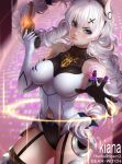  1girl bearwitch blue_eyes breasts clothing_cutout gun handgun highres honkai_(series) honkai_impact_3rd impossible_clothes impossible_leotard kiana_kaslana large_breasts leotard long_hair looking_at_viewer navel_cutout pistol solo tagme twintails very_long_hair weapon white_hair 